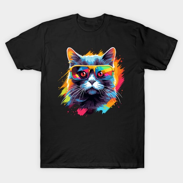 Party Cat in Sunglasses Men Women 80s 90s Retro Funny Cat T-Shirt by KsuAnn